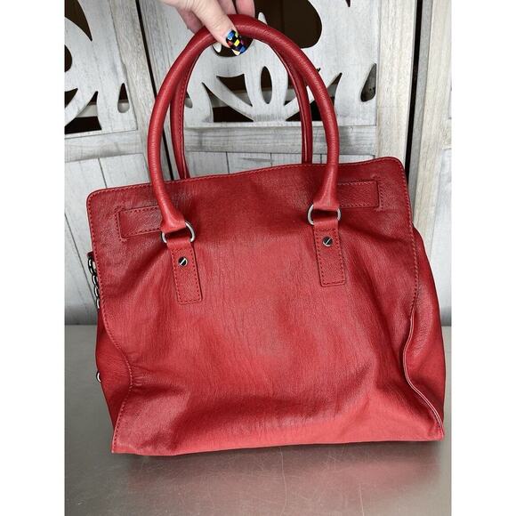 MICHAEL KORS Hamilton Large Red Leather Satchel Tote Purse Bag Silver Hardware - Picture 5 of 10